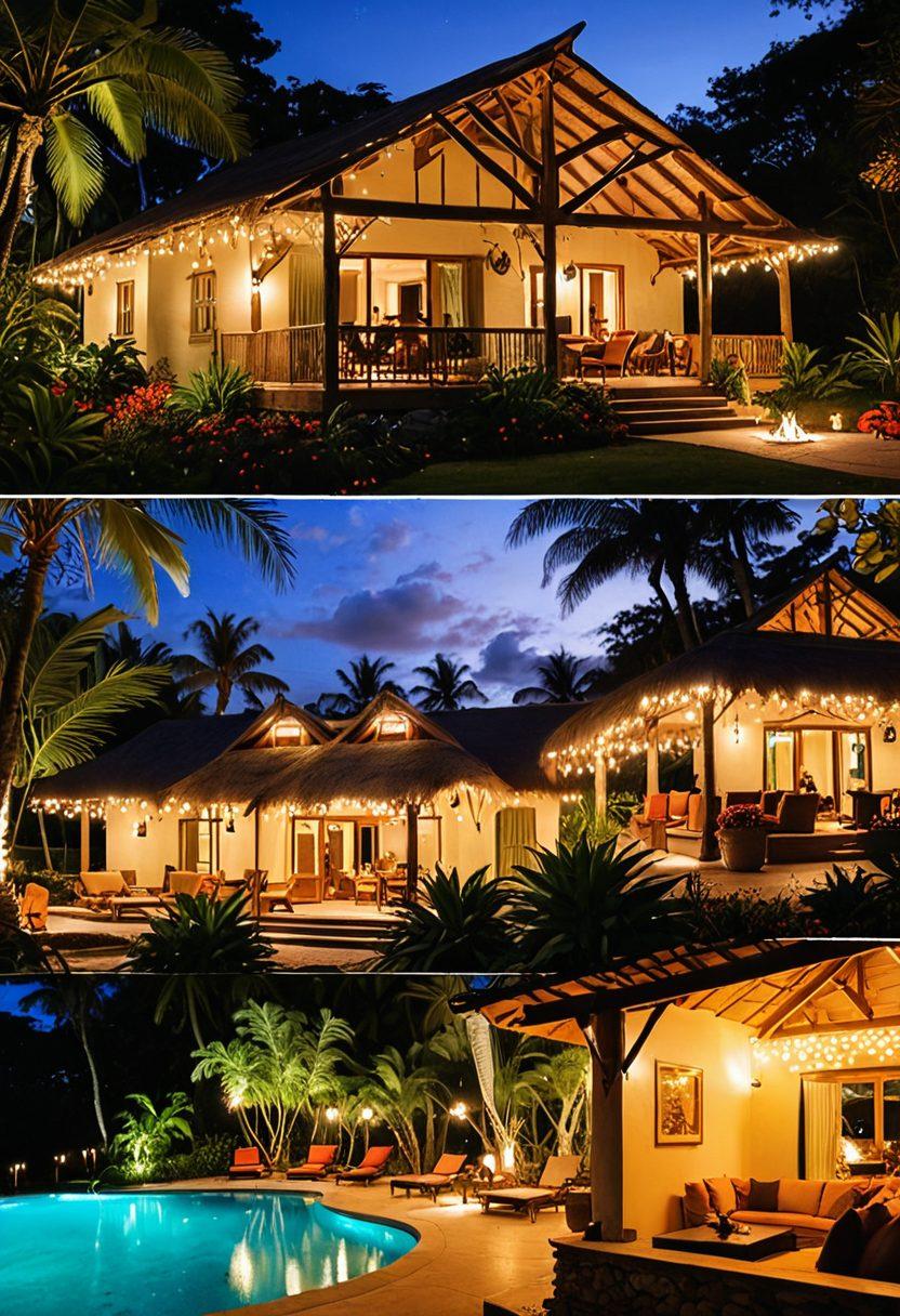 A collage showcasing diverse accommodations ranging from an opulent resort with a large pool and tropical surroundings to a quaint, rustic guesthouse nestled in a forest. Include vibrant scenes of guests enjoying both settings, highlighting the contrast in styles and atmospheres. Incorporate elements like palm trees for the resort and wooden elements for the guesthouse. super-realistic. vibrant colors. whimsical touches.