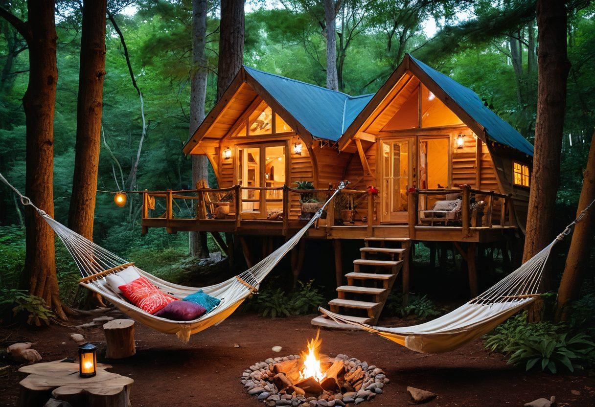 A cozy, eclectic collage showcasing unique lodging options like a treehouse, a yurt, and a tiny home, all nestled in diverse natural settings. Include elements like a hammock strung between trees, lanterns glowing softly, and a campfire scene with happy travelers. Infuse a sense of warmth and adventure, illustrating affordability and comfort. vibrant colors. whimsical style.