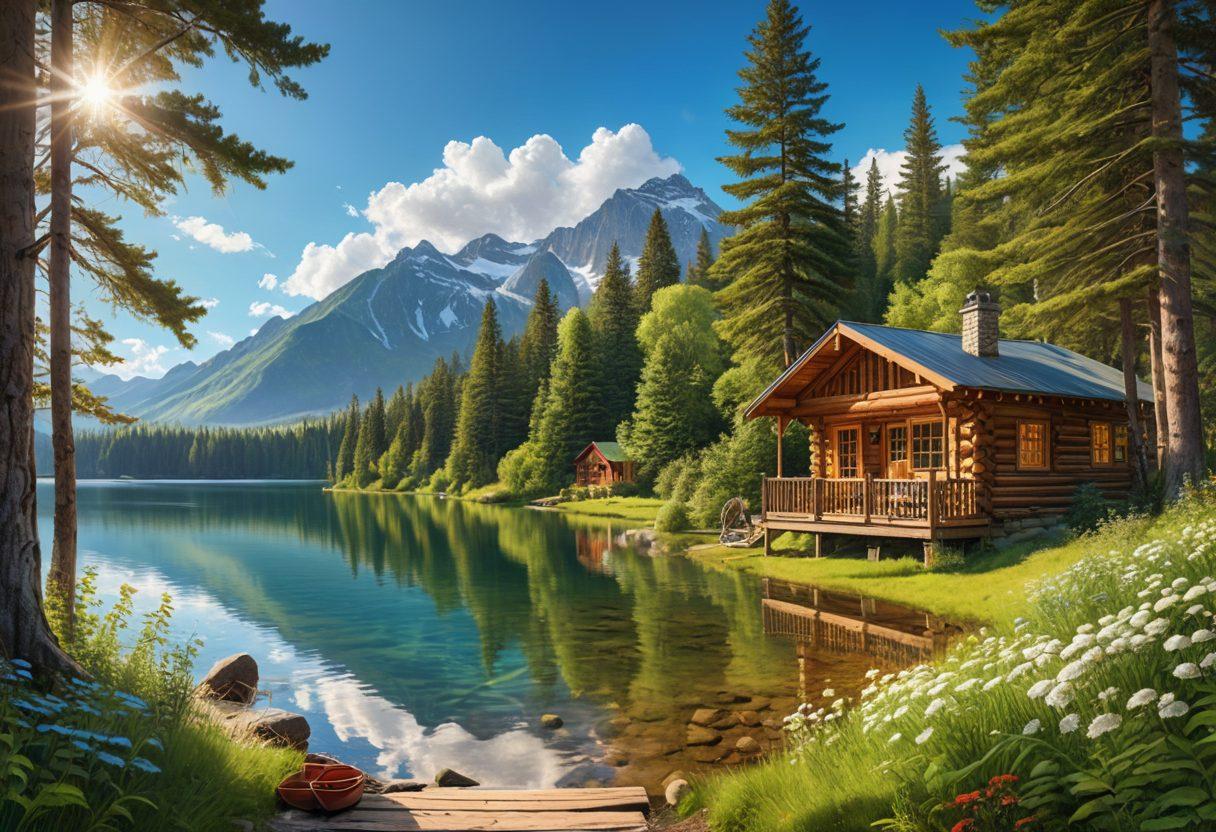 A serene landscape featuring a cozy cabin nestled in the woods, surrounded by lush greenery and a sparkling lake. Include a diverse group of travelers smiling and enjoying their stay, with a backdrop of mountains under a bright blue sky. The scene should exude warmth and comfort, inviting viewers to explore various lodging options. super-realistic. vibrant colors. natural setting.